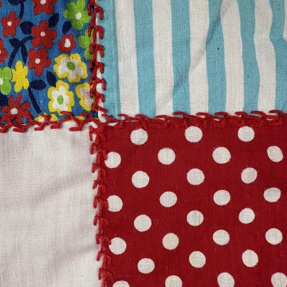 Vintage 70s Boho Handmade Patchwork‎ Doll Quilt Red Floral 12x16 Hippie Placemat